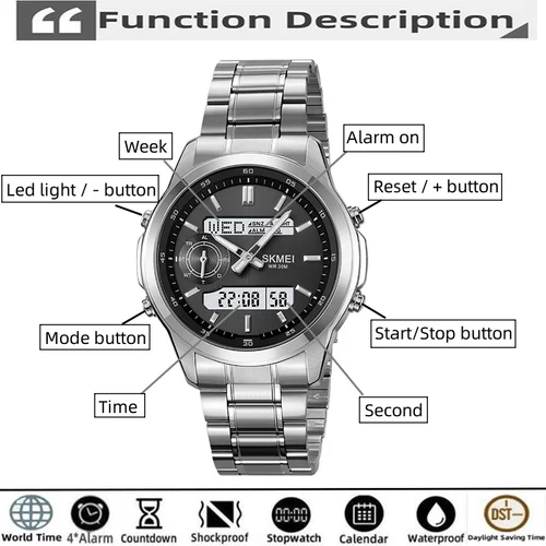 Imagen 2 del producto Skmei-relojes deportivos para hombre con pantalla Digital analógica, zona horaria múltiple, LED, resistente al agua, reloj de pulsera electrónico de cuarzo, 4 alarmas