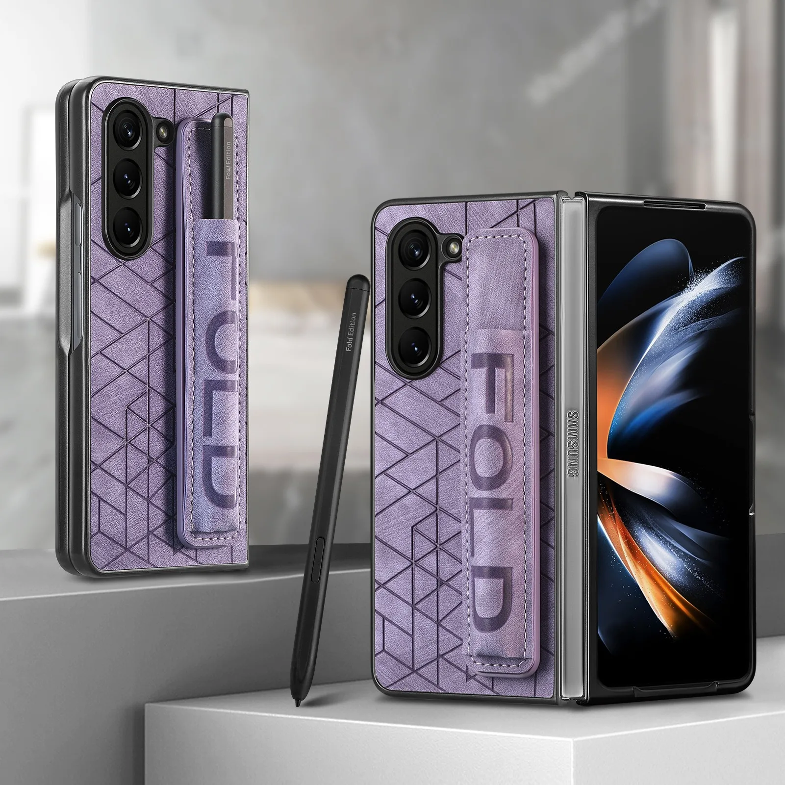 

Leather Phone Case for Samsung Galaxy Z Fold 7 6 5 4 3 Fold6 ZFold7 Elastic Retractable Wrist Strap Cover with Pen Holder Lwd