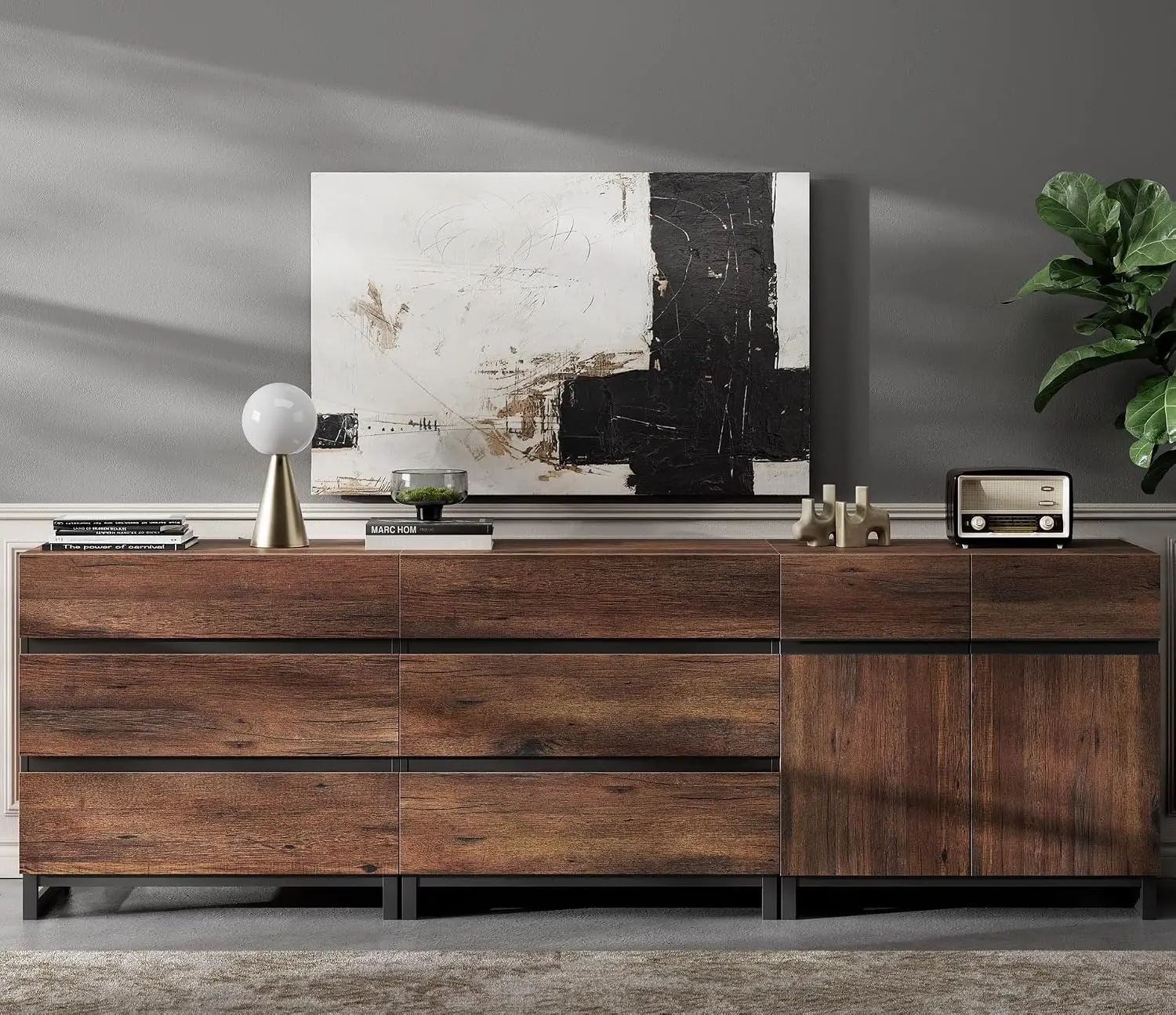 Modern TV Stand For 100 Inch TV, 3-in-1 Console With Shelf & 6 Drawers For Living Room & Bedroom, Brown, Customized