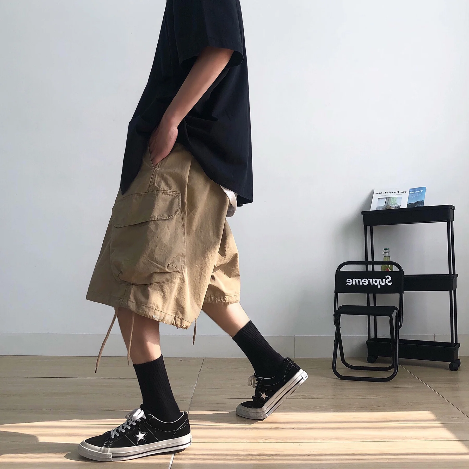 

y японская рабочая одежда в стиле ретро, мужские летние повседневные прямые свободные модные брендовые брюки с пятью точками, тонкие многослойные брюки-карго