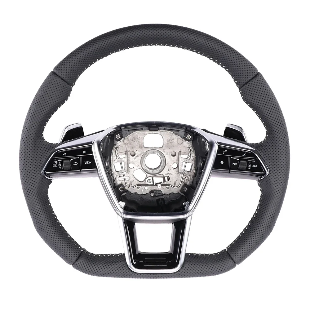 For Audi A6 C8 Multifunctional Punched Leather White Stitching Flat Bottomed Steering Wheel With Paddles Key Button Assembly