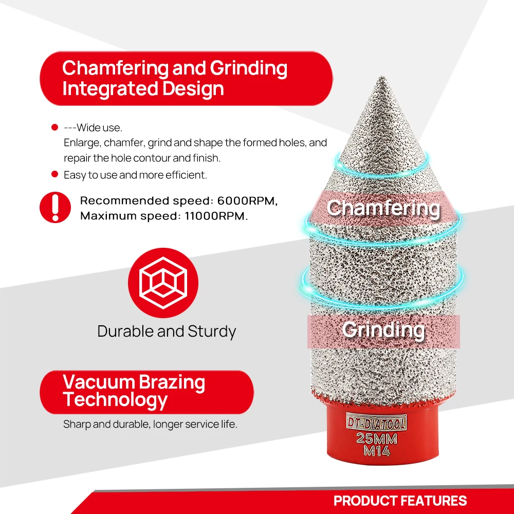 DT-DIATOOL-Diamond Chamfer Bit, Grinding Tile Bevelling Ceramic Marble Porcelain Milling Finger Bit, 20mm, 25mm, 35mm, 50mm, 1Pc