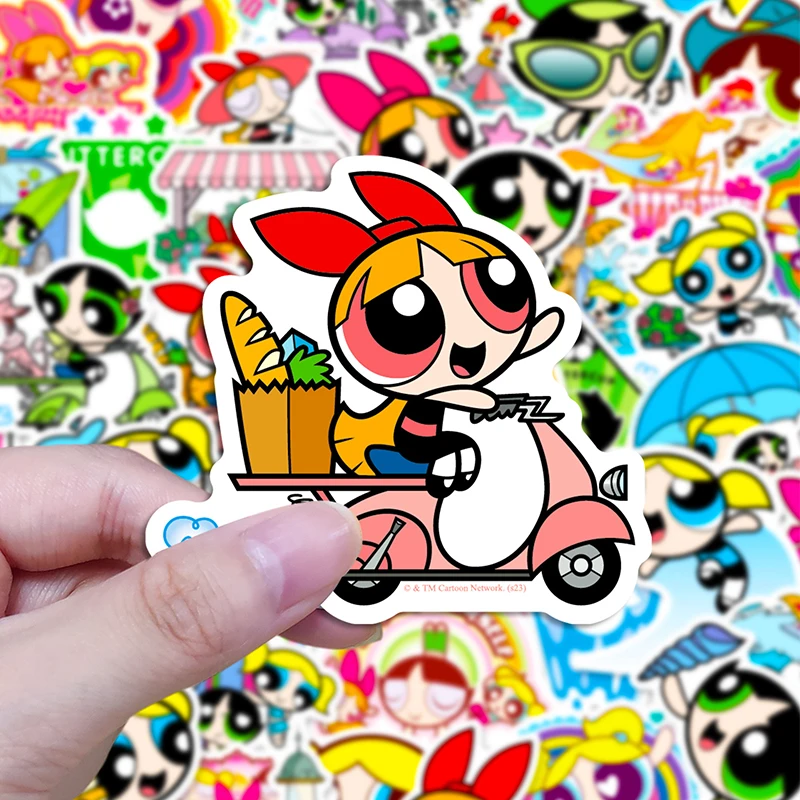 50 buah 3 gaya Powerpuff gadis DIY stiker Anime gambar Blossom gelembung cangkir air tanpa ulangi tahan air tabir surya stiker