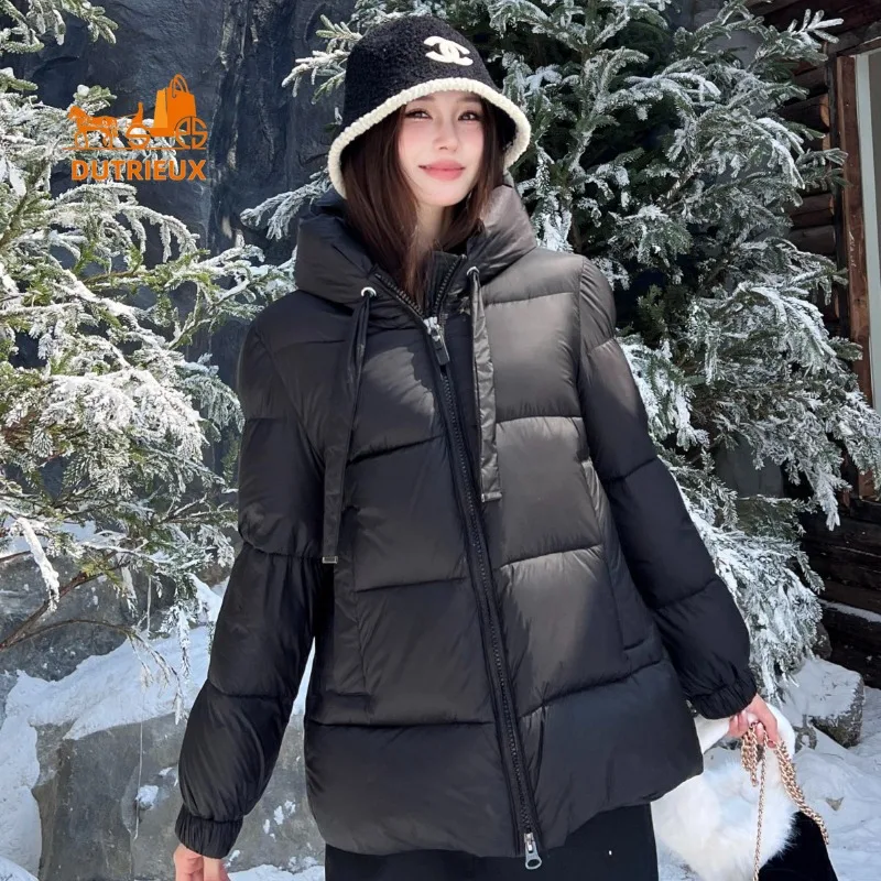 Veste à capuche longue en duvet d'oie grise pour femme, manteau chaud, veste courte simple et élégante, nouveau style, hiver 2024