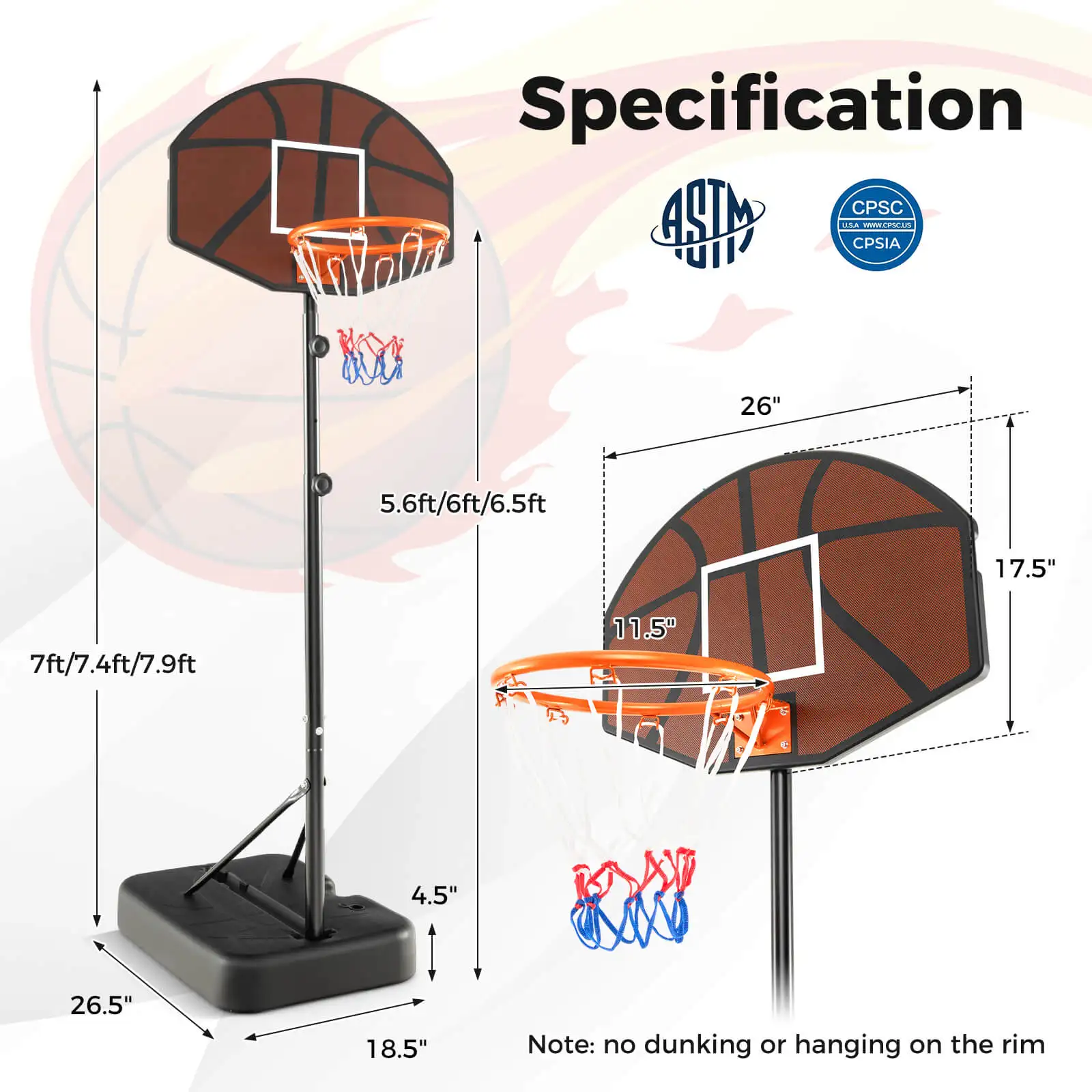 Basketball Hoop 5.6-6.5 FT Height Adjustable for Kids w/ Shatterproof Backboard