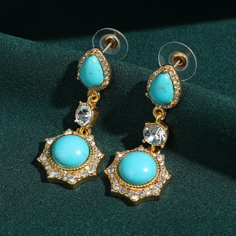 

Turquoise Earrings Vintage Drop Double Layer Luxury White Natural Stone Inlaid Designer Jewelry Antique Gold Plated Retro Vogue
