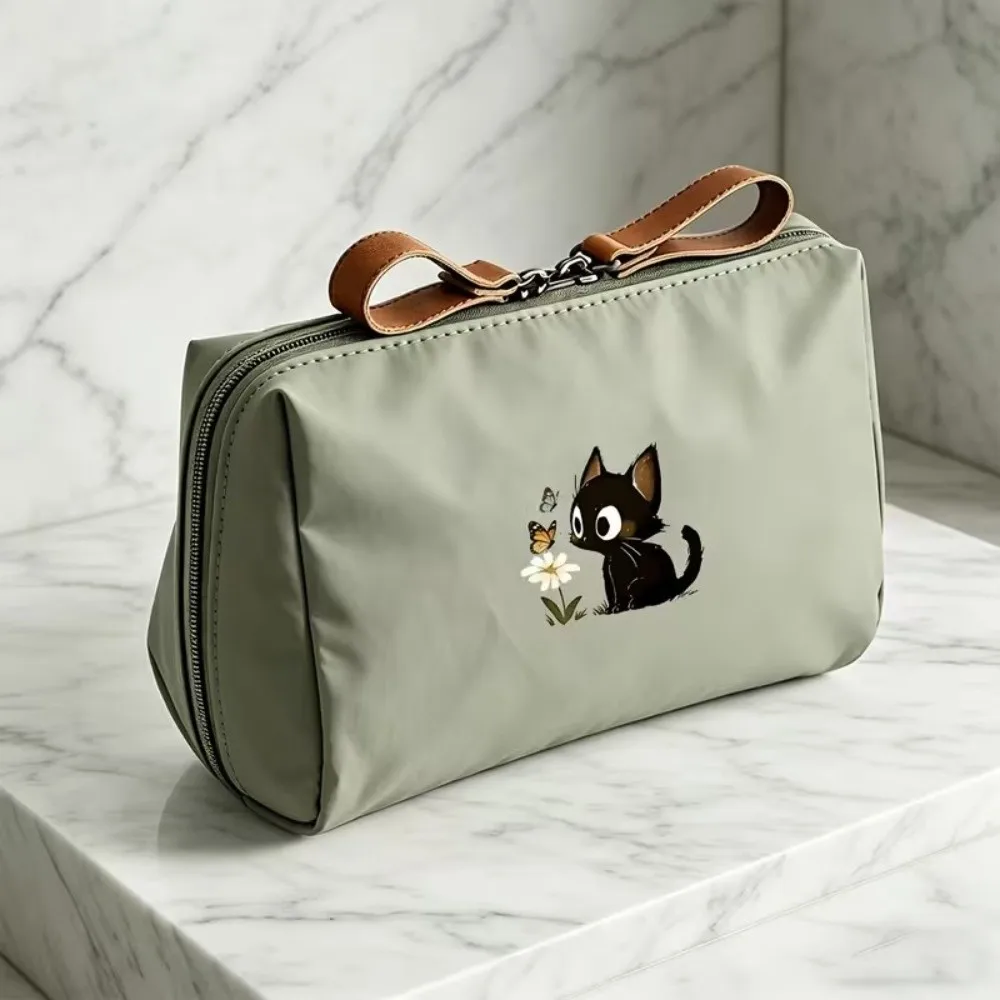Simple Solid Color Makeup Bag Portable Size Cat Printed Storage Organizer Small Capacity Versatile Travel Pouch For Women