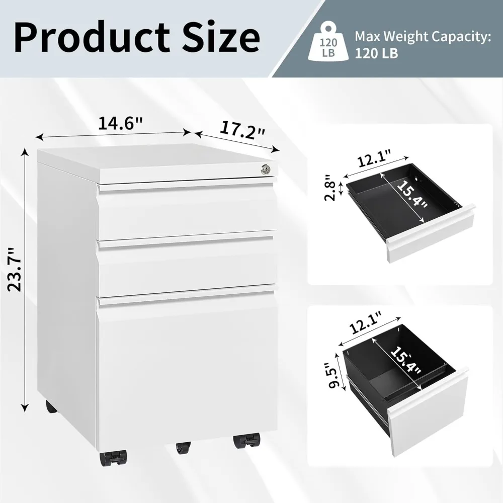 Mobile File Cabinet Lockable 3 Drawer Filing Cabinet for A4-Size/Letter-Size/Legal-Size, Fully Assembled Except Casters