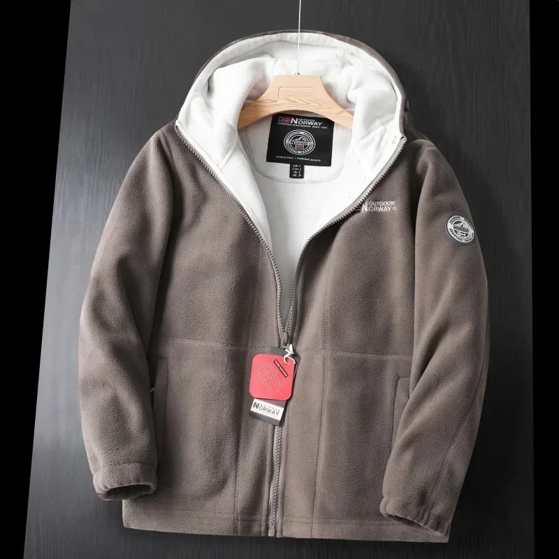 

Winter Warm Men's Fleece Hooded Jacket Pockets Solid Color Casual Polar Jacket Cold-Proof Thickened Overcoat Plus Size Outwear