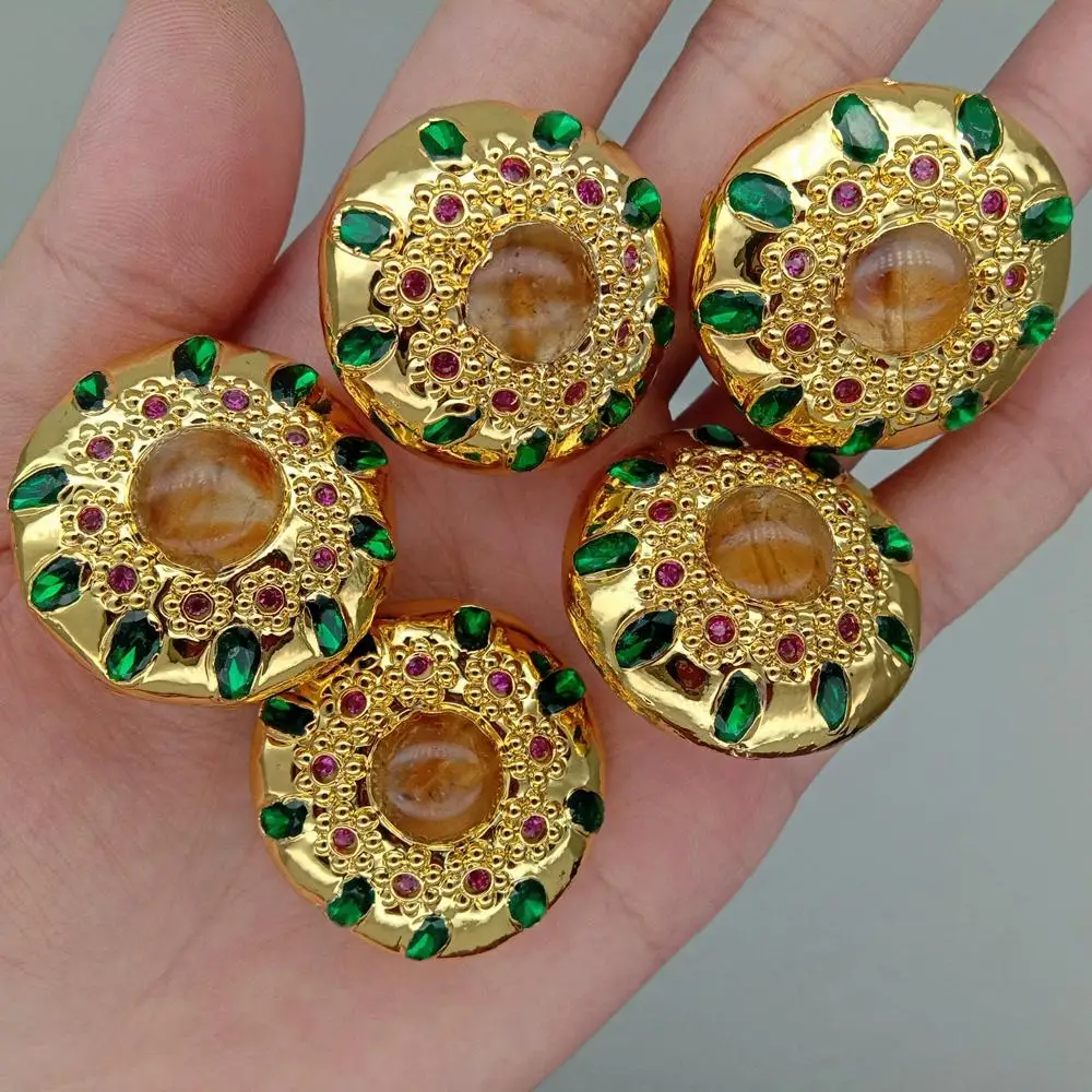

5 PCS Yellow Rutilated Quartz Coin Shape Green Crystal Spacer For Making Jewelry