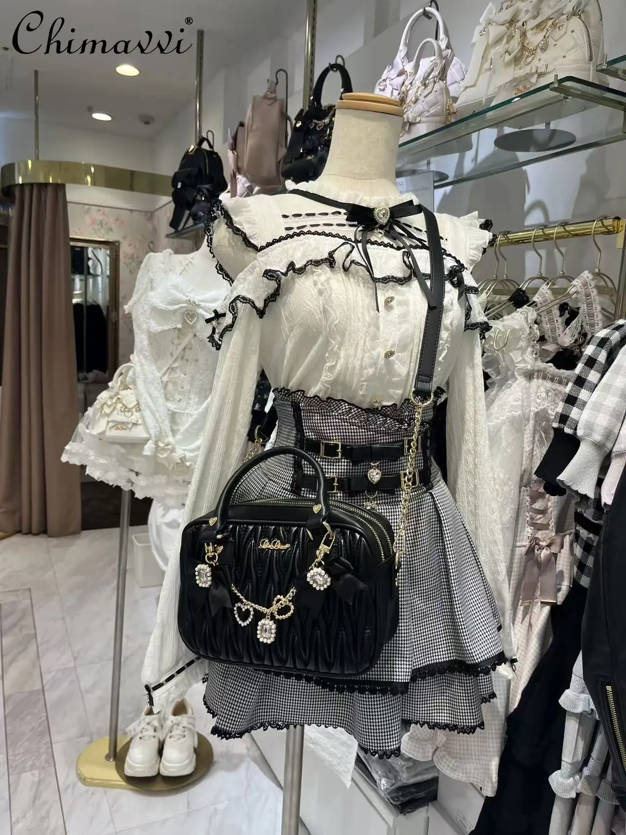 Liz Japanese Sweet Cute Shirt Spring Cute Girl Elegant Princess Mass-Produced Lolita Lace Patchwork Off-Shoulder Blouse Top