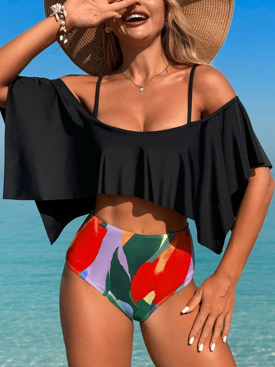 High Waist Bikini Women Print Swimwear 2025 Fashion Ruffle Trim Swimsuit Femaile Bathers Bathing Swimming Suit Beachwear Summer