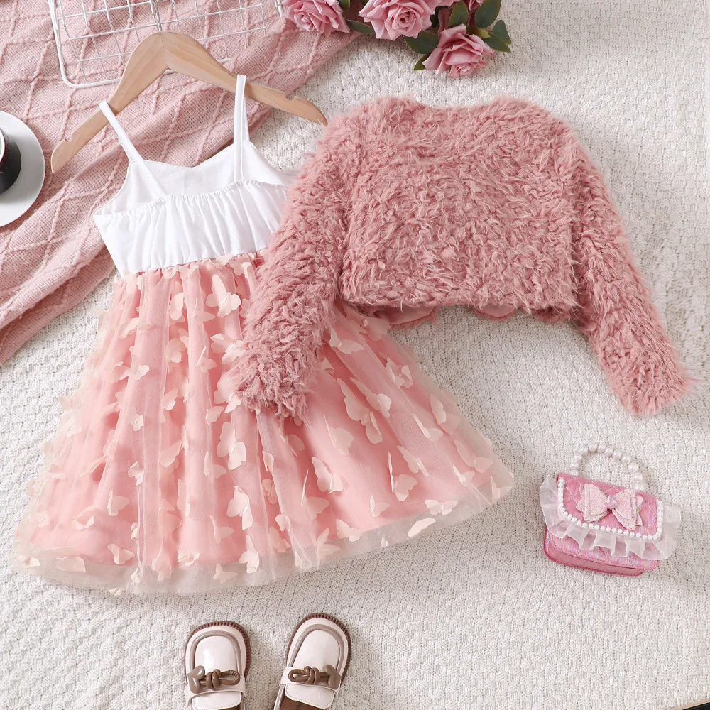 2024 Clothing Set Girls Long Sleeve Feather Coat Butterfly Pink Dresses Cute 2 Pcs Sets Casual Girls Clothes Set 2-7T