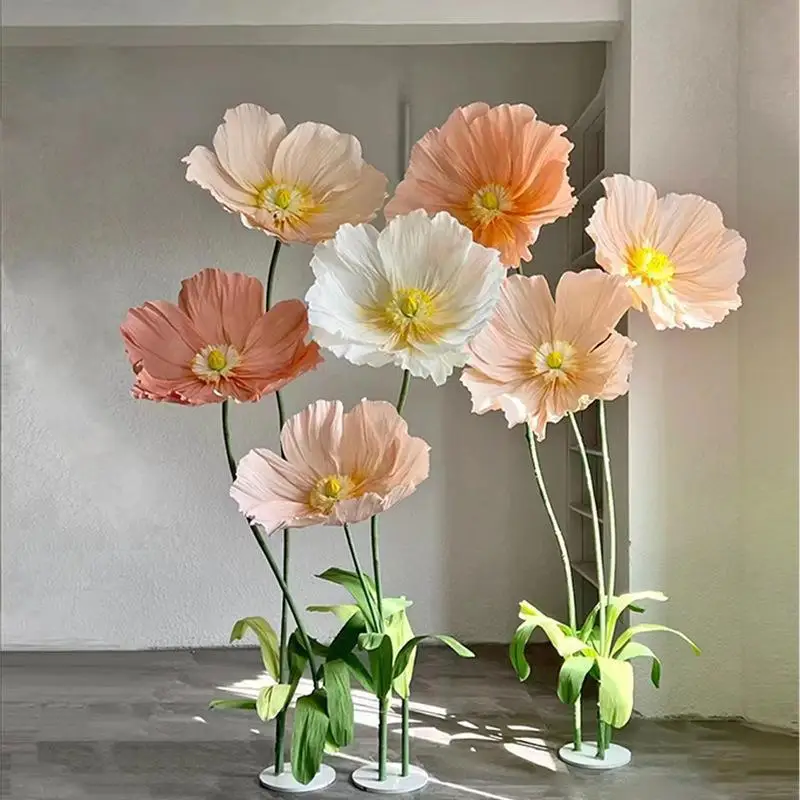 Handgefertigtes Riesenmohnblumen-Set aus Papier für Hochzeits- und Eventdekorationen, Große Stehende Blumensträuße, 7 Stück – Detail 2