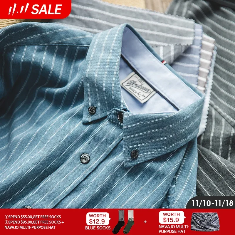 

Maden Workwear American Retro Brushed Blue Vertical Stripe Shirt Business Casual Long Sleeve Non iron Shirt Men's Tops Autumn