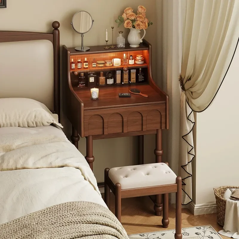 French Antique Style Solid Wood Dresser 60cm Mini Piano Makeup Table Vanity Desk with Mirror Small Apartment Bedroom