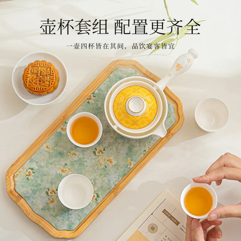 HYS porcelain Mid-Autumn Festival gift teacup tea set, bone china flower ball brocade rabbit tea bowl, kung fu tea set gift box 3