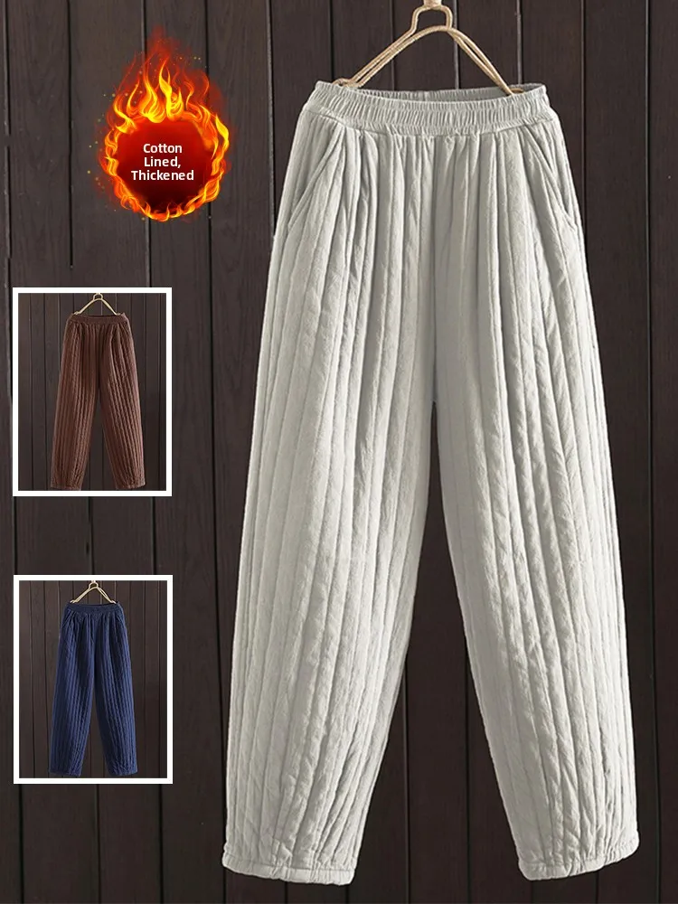 Thiened Cotton Linen Casual Pants High Waist Trousers for Women plus Size Outerwear Warm Pants with ket Commute Sle