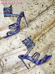 Luxury Crystal Winding Wrap Navy Blue Sandals Stiletto High Heel Open Toe Solid Women Wedding Shoes Summer Banquet Party Fashion
