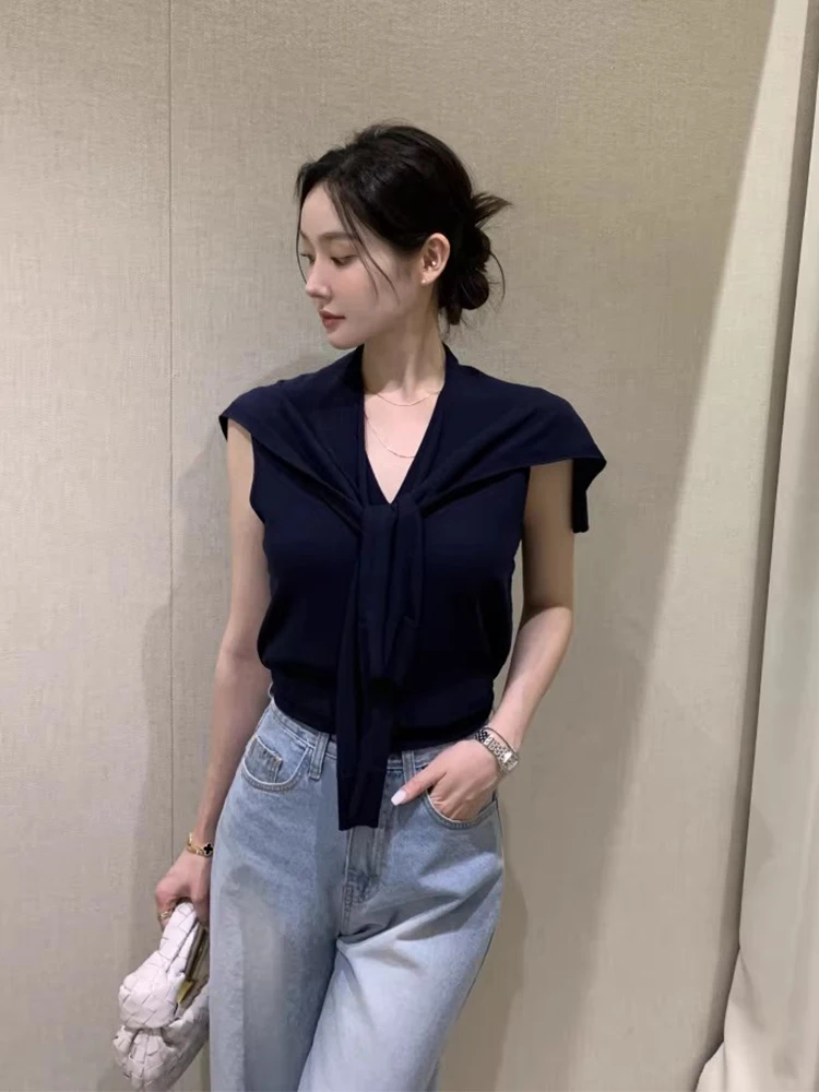 Slim Fit Knitted Vest Women's Faion Set Pure Color Summer New Sle Retro Personali Aesthetic oulder awl Two Piece Set