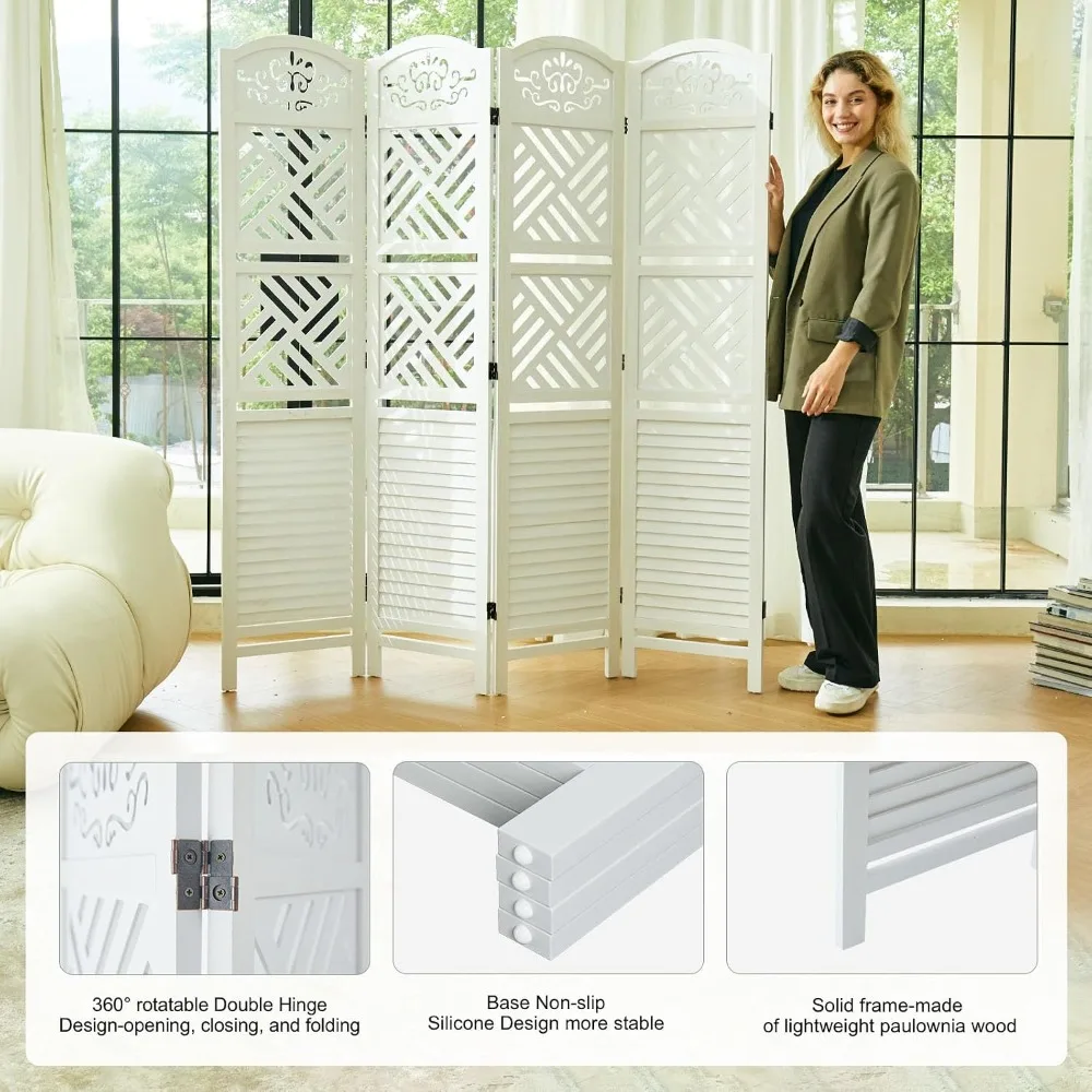 Room Divider with Shelves 68.9in Wood 4 Panel Folding Screen White