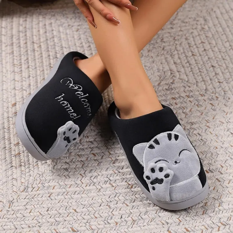 Winter Warm Fur Slippers Cartoon Cat Non-Slip Women and Men Soft House Indoor Home Bedroom Boys Girl Memory Foam Floor Shoes