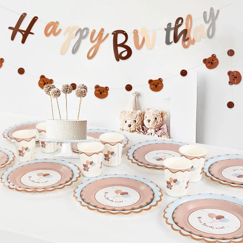 Cute Teddy Bear Baby Shower Kids 1st Decorations Disposable Tableware Set Paper Cup Plate Garland Balloons Happy Birthday Banner