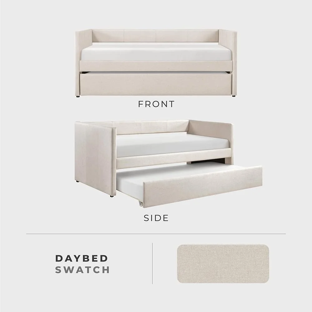 Upholstered Twin Daybed with Trundle Foam Padded Sofa Bed Frame with Backrest Wooden Slats Support Easy Assembly No Box Spring