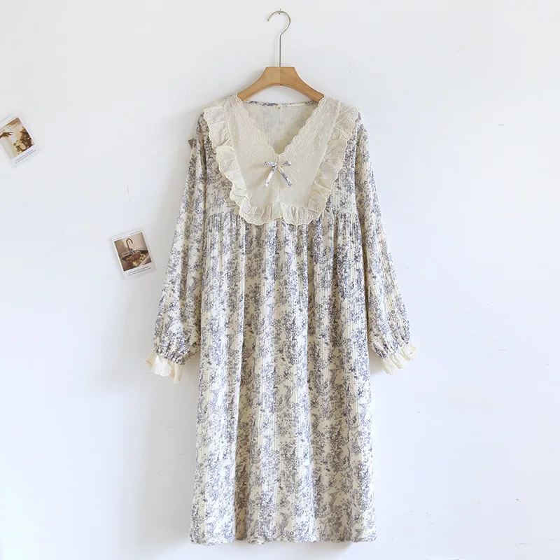 

Girl Vintage Princess Nightdress Cotton Sleepwear Long Sleeve Home Dressing Gown Lady Nightgown Print Homewear Sexy Nightwear