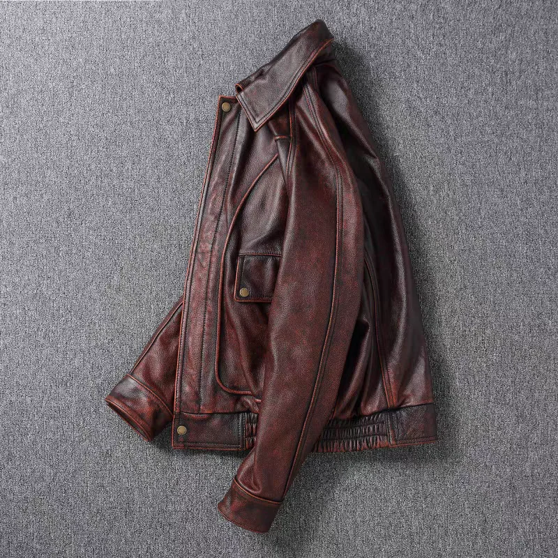 Men\'s Leather Jacket Red Retro Loose Motorcycle Cowhide Jacket Casual Lapel Factory Direct Sales Quality, Windproof,Thick,Trendy
