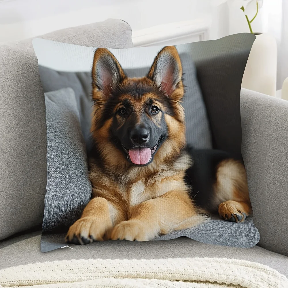 1 Stück dekorativer Kissenbezug mit deutscher Schäferhund-Welpen-Motiv – verspieltes Hundedesign, pfirsichbeiges Polyester, Reißverschluss