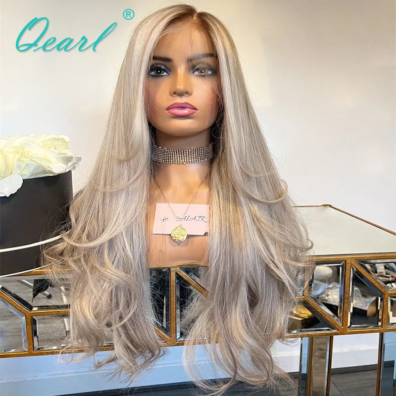 Qearl-Perruque de cheveux humains à dentelle frontale sans colle, mèches blondes agaçantes, cheveux ondulés naturels, gris glacé, coloré