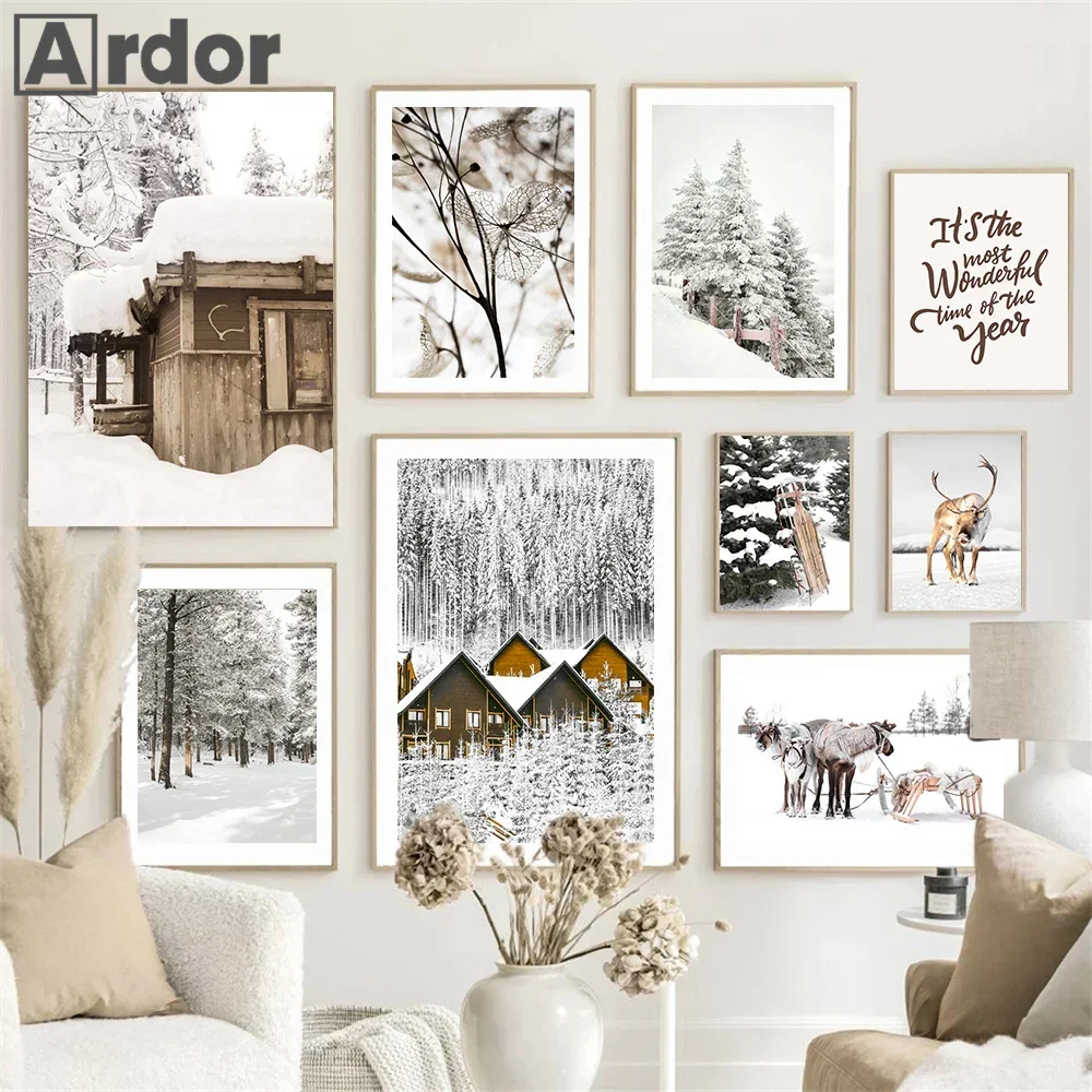 Elk Field Tree Canvas Painting Winter Snow Scenery Wall Art Posters And Prints Modern Pictures Interior Living Room Home Decor