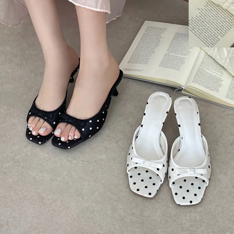 Eilyken High Quality Satin Polka Dot Square Toe Women Slippers Fashion Thin Low Heels Sandals Casual Party Dress Shoes - view 6