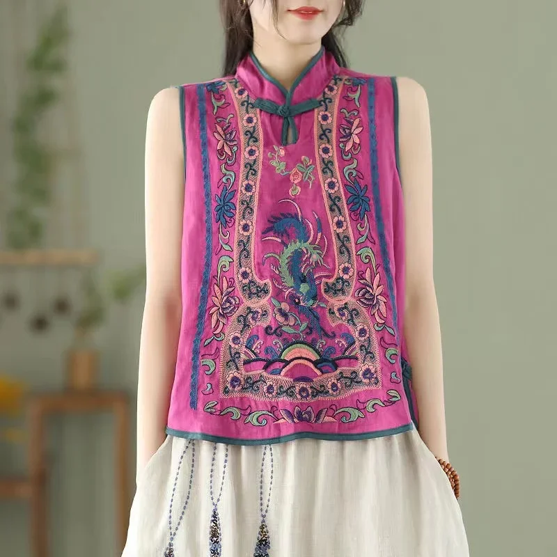 Retro Embroidery Cotton Linen Chinese Traditional Women's  Vest Chinese Style Pullover Ladies Summer Exquisite Stand Collar Top