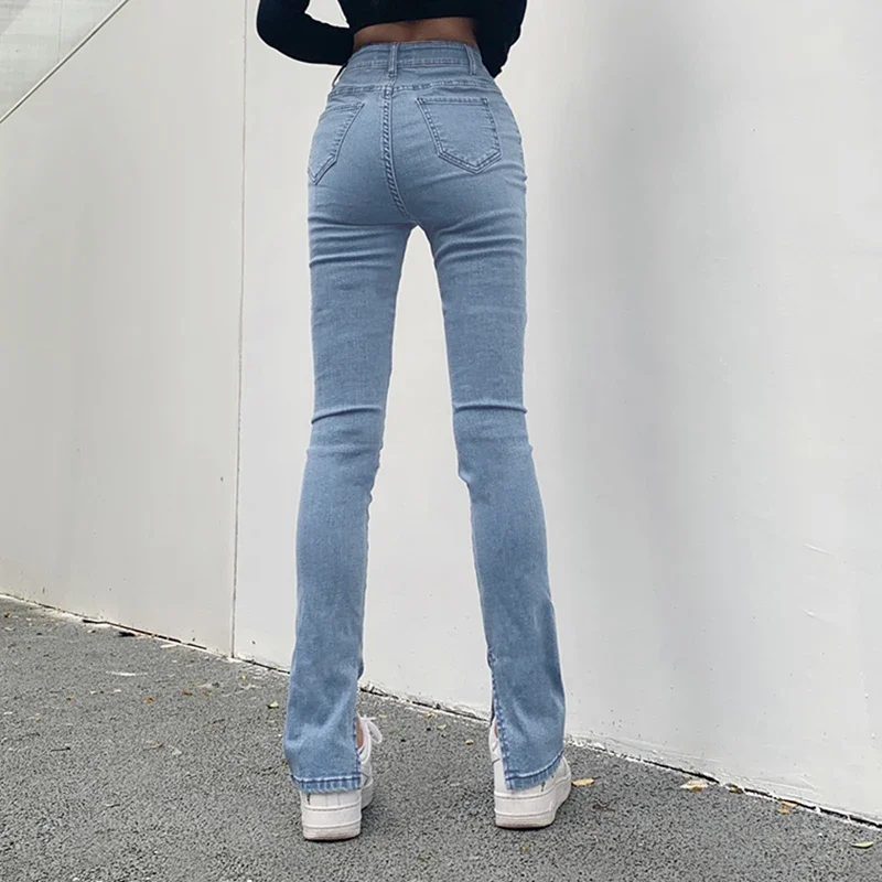 2024 Spring and Autumn Chic High Waist Blue Denim Pants Small Split Slim Thin Flared Jeans Casual Pencil Tight Skinny Trousers
