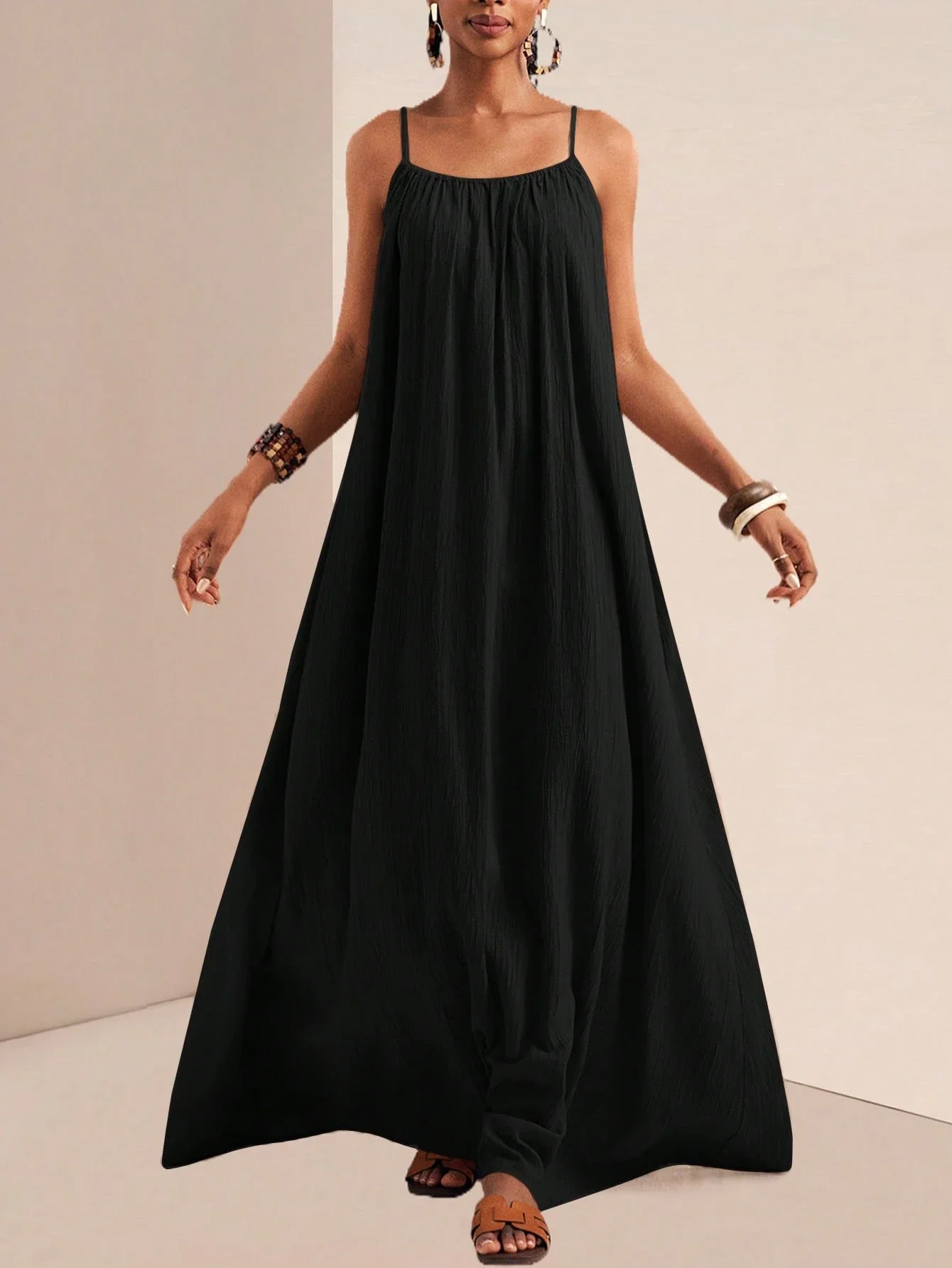 

Женское летнее однотонное плиссированное платье макси без рукавов, черный повседневный сарафан