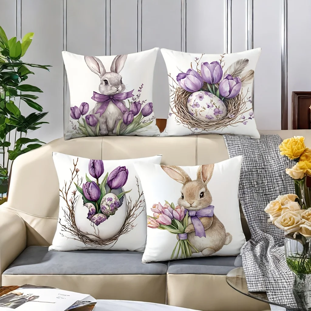 4 Piece Easter Bunny Tulip Pillow Covers Spring Nursery Decoration Throw Cushion Set Watercolor Floral Rabbit Accent Polyester H