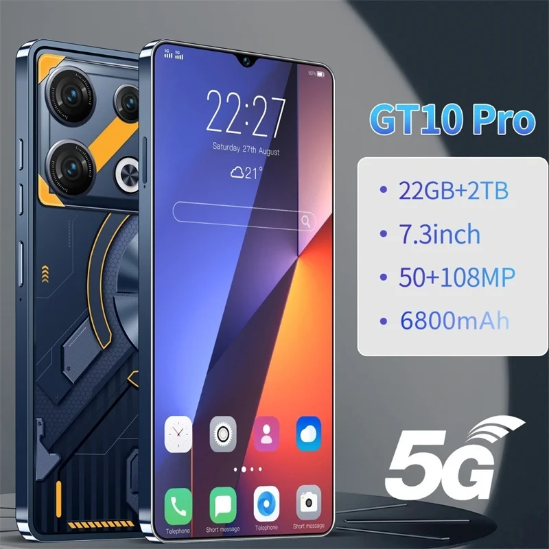 New GT10 Pro 7.3HD Original Smartphone 16G+1T 5G Dual 108MP Sim Cellphones Android Cell Phone 6800mAh GPS Smart Mobile Phone I15