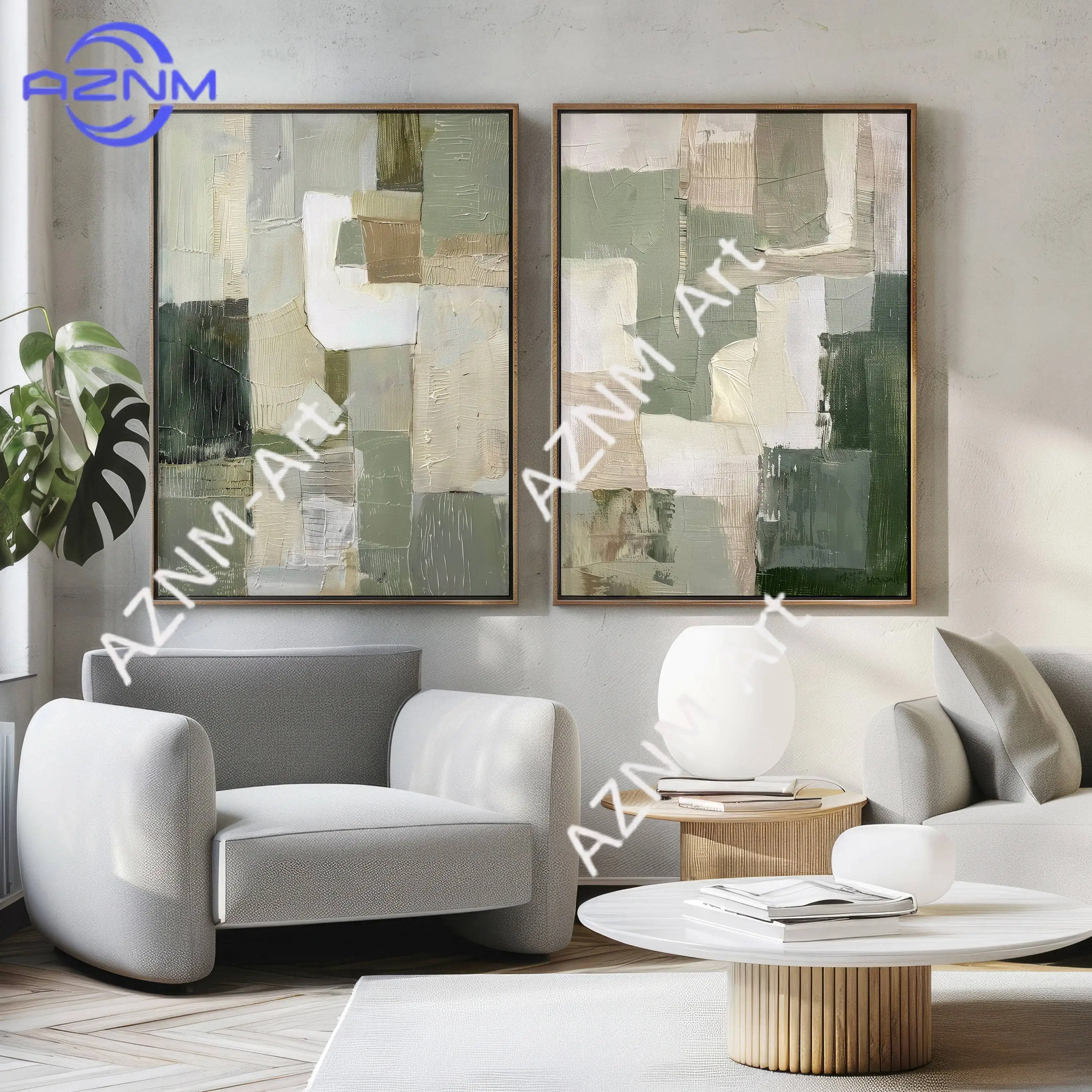 1/2 Stück grünes abstraktes Kunstdruck-Set mit 2 Stück |   Acrylmalerei |   Modernes minimalistisches Poster |   Gestreckte Leinwand Wanddekoration