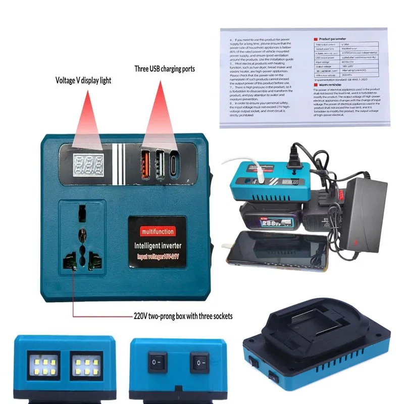 1Pcs 12.5cm LED Mini Intelligent Inverter Power Converter Portable 120W 21V Lithium Battery Inverter With 3 USB Ports