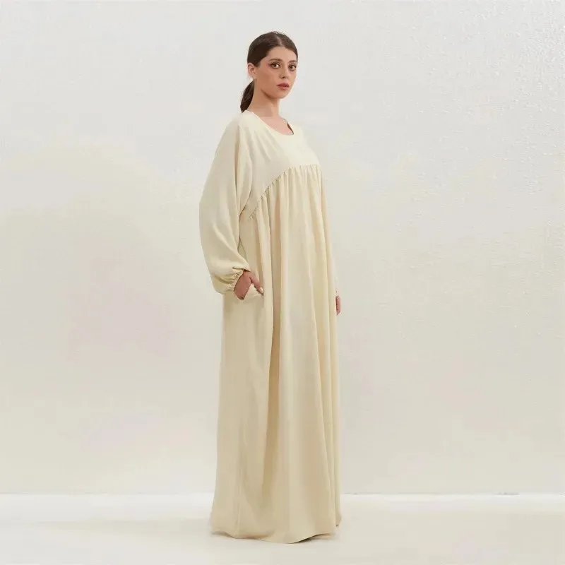 Bonny Women Pocket Maxi Dress: Loose Full Sleeve O-Neck Solid Robe Muslim Long Dress Spring Autumn