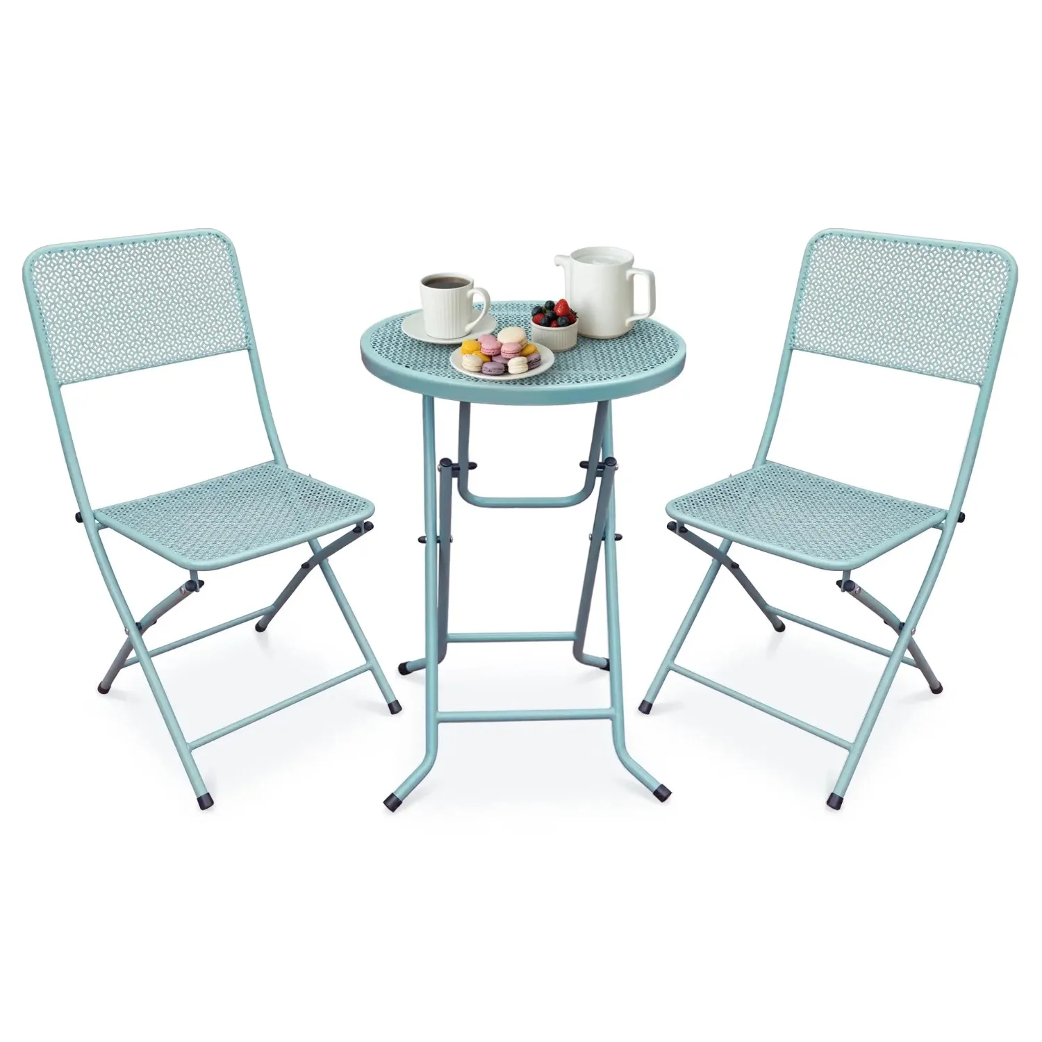 Padova Foldable 3 Piece Powder Coated Steel Mesh Outdoor Patio Bistro Dining Set, Includes 1 Table and 2 Chairs, Blue