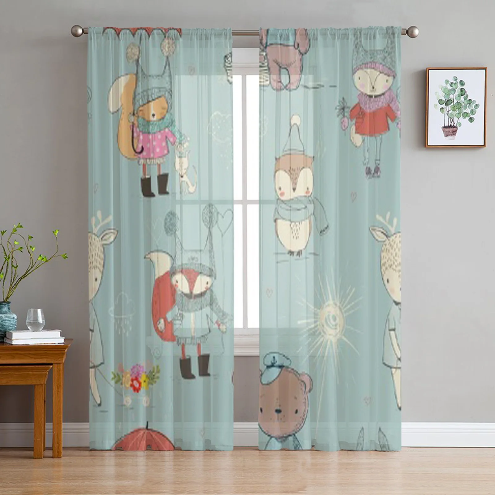 Cute Little Doodle Animals Fox Bay Window Screening Curtains Drape Sheer Tulle For Living Room Bedroom Voile Organza Curtains