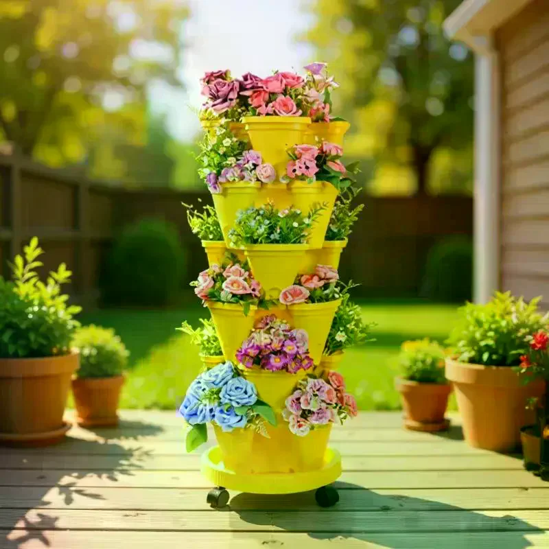 New Vertical Tower Stackable FlowerPot Plastic With Movable Casters Flower Pot Multi-layer Strawberry Planter Tower Home Garden