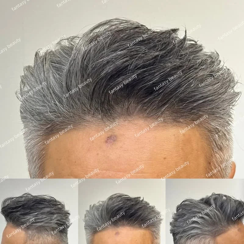 عالية الجودة 0.04-0.05 مللي متر رقيقة الجلد كامل بولي رمادي رمادي الاصطناعية الأوروبي شعر الإنسان الشعر المستعار 1B80 1B65 رمادي شعر الإنسان الرجل العجوز الباروكات