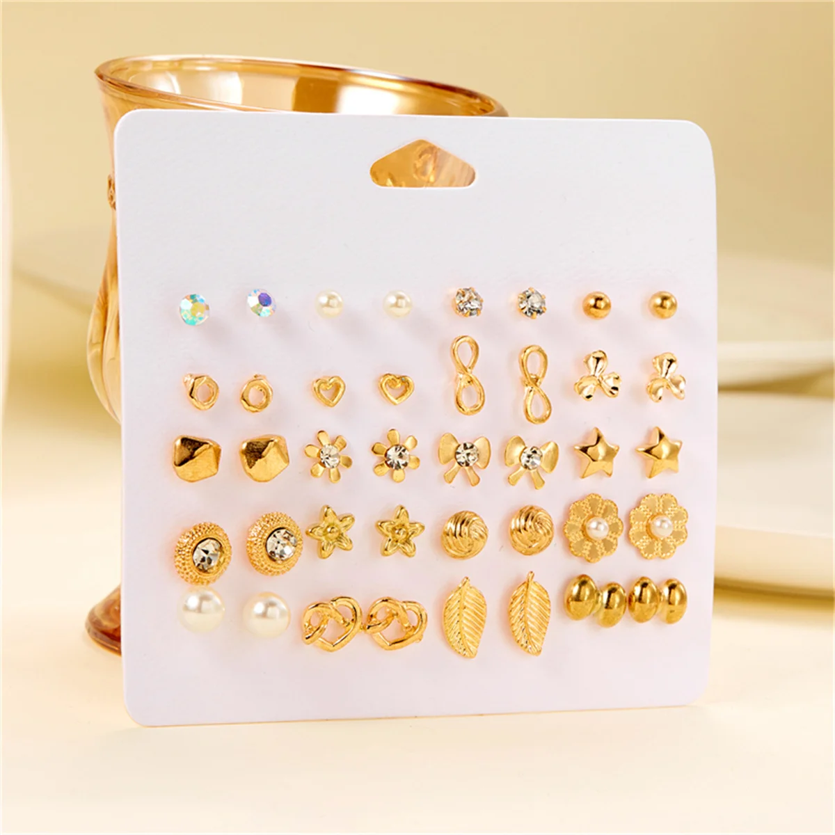 20Pairs/Set Minimalist Zircon Imitation Pearl Geometric Stud Earrings For Women Vintage Heart Flower Leaf Earring Party Jewelry