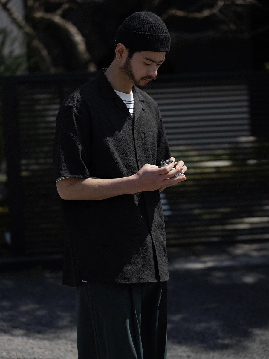 

Noears Textured Bla Cuban Collar Loose Fit irt Men's Summer Thin Retro Japanese Sle Faionable Polyester ort Sve