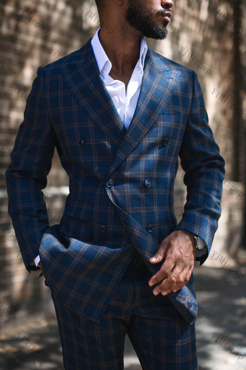 بدلة رجالية منقوشة باللون الأزرق الداكن من YiMinpwp مكونة من قطعتين من الساتان للأعمال بقصة ضيقة وزر مزدوج مصممة خصيصًا لحفلات الزفاف الرسمية