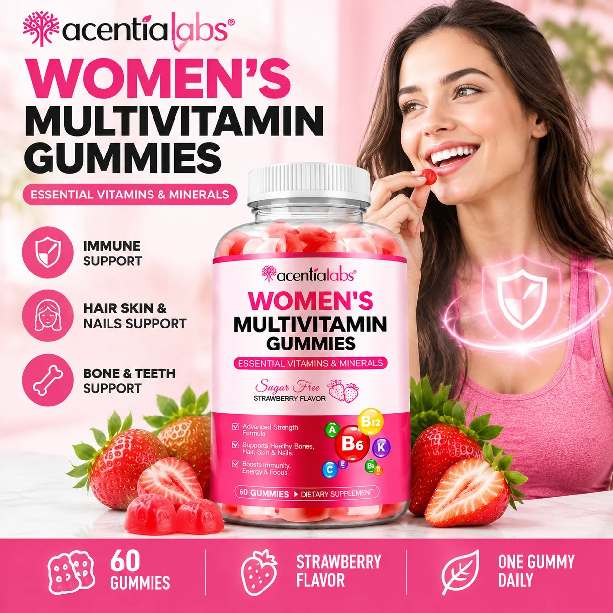 Multivitamin Gummy Adult - アセンティアラボの女性用マルチビタミングミ。エネルギー補給、肌の健康促進、抗酸化作用、骨密度の向上に。60個入り。